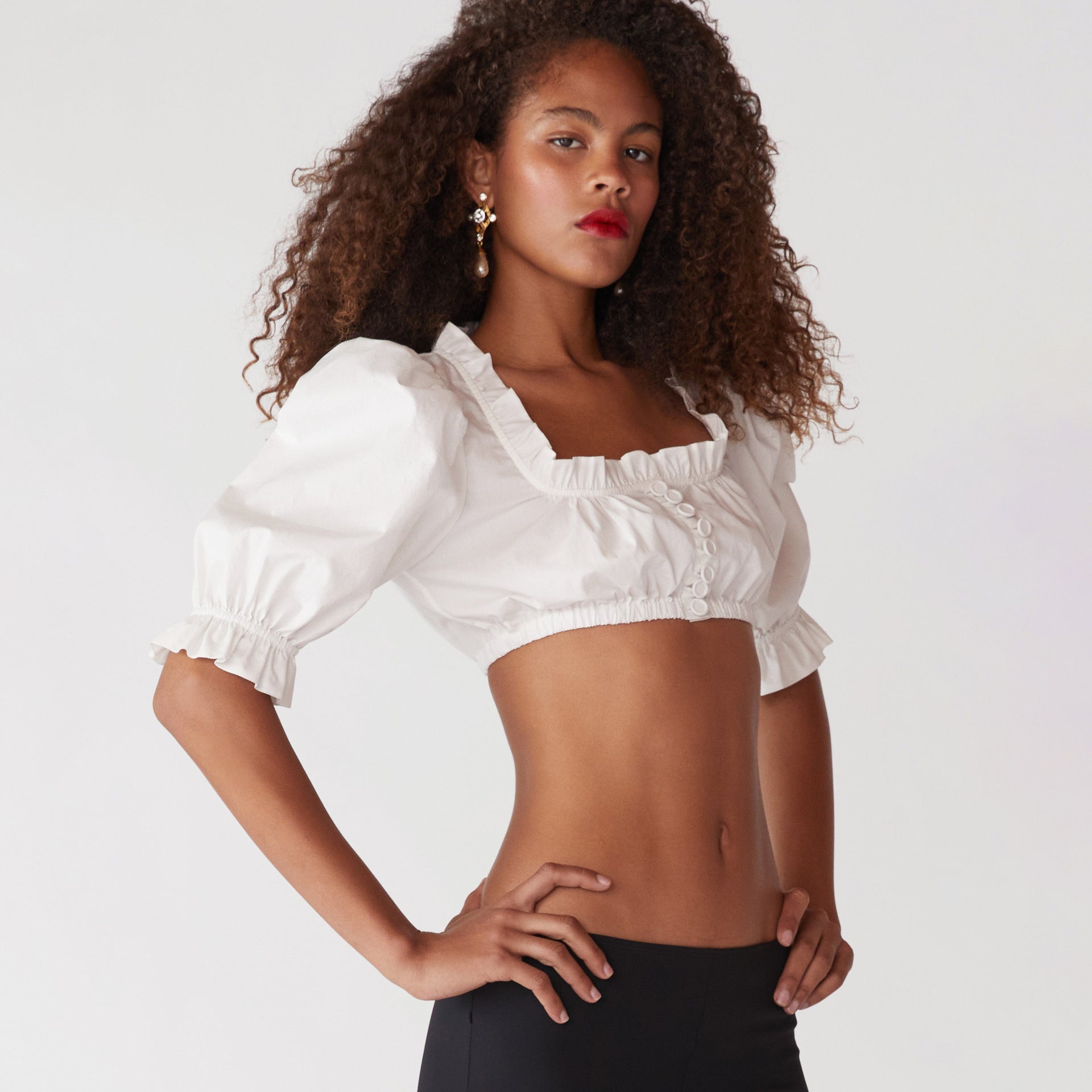Casual super short top with wooden ear edge decorative button-up wooden ear edge sexy exposed button shirt