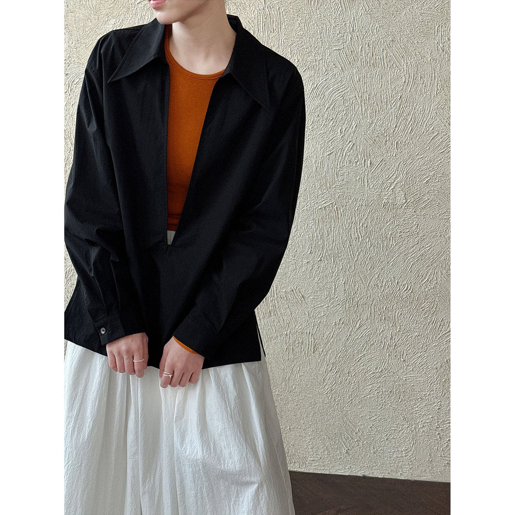 Design sense large v-neck loose casual long-sleeved shirt women's early spring new stacked French top