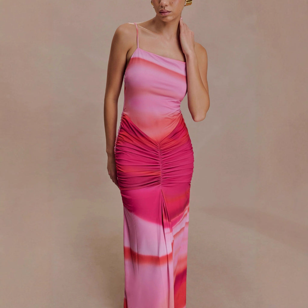 Fashion mesh printing hip skirt pleated tight sexy suspender dress