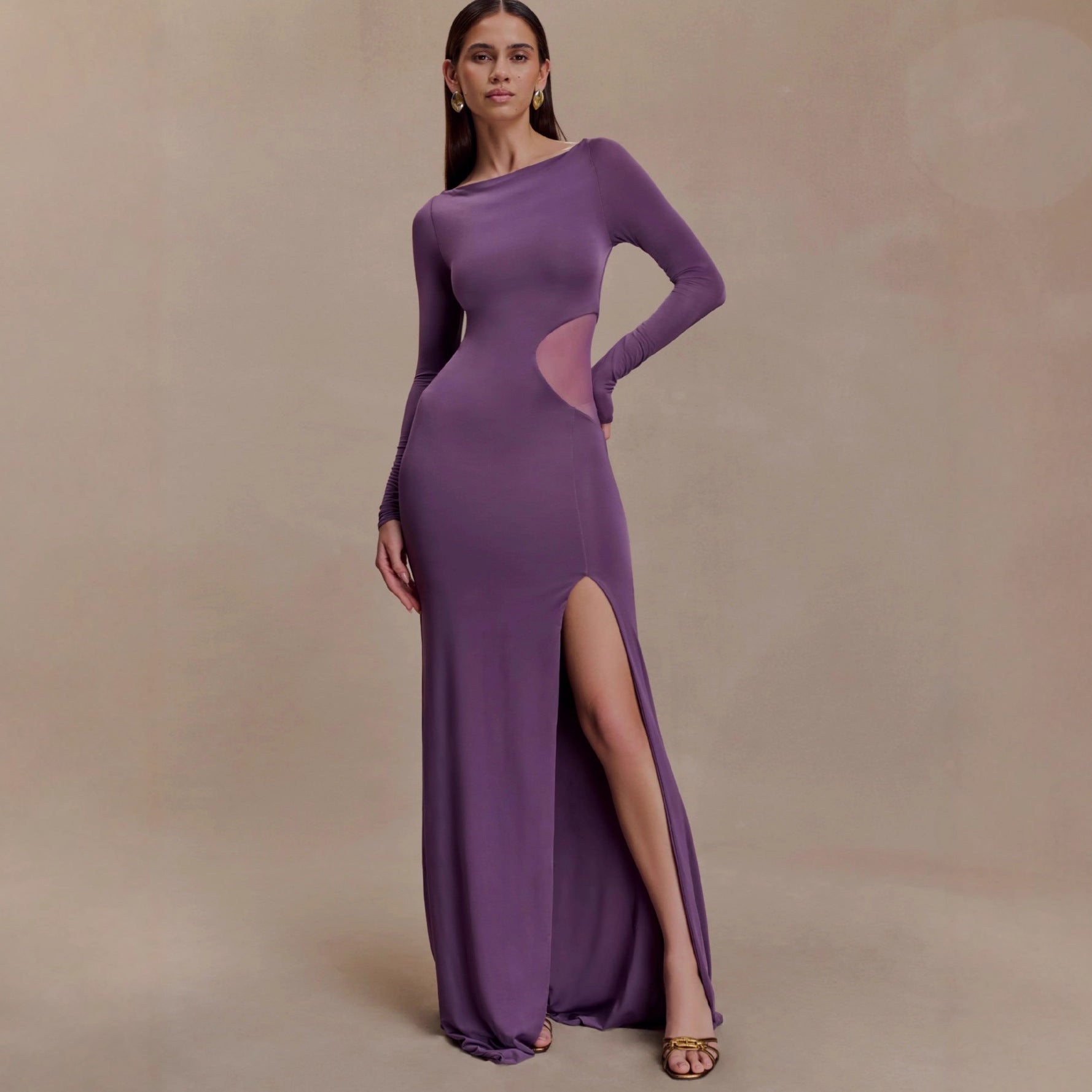 Fashion long-sleeved one-word collar split-ended long dress hollow perspective sexy dress