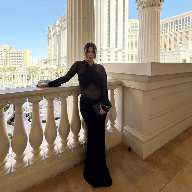 Perspective sexy solid color spice girl long dress slim fold European and American dress women