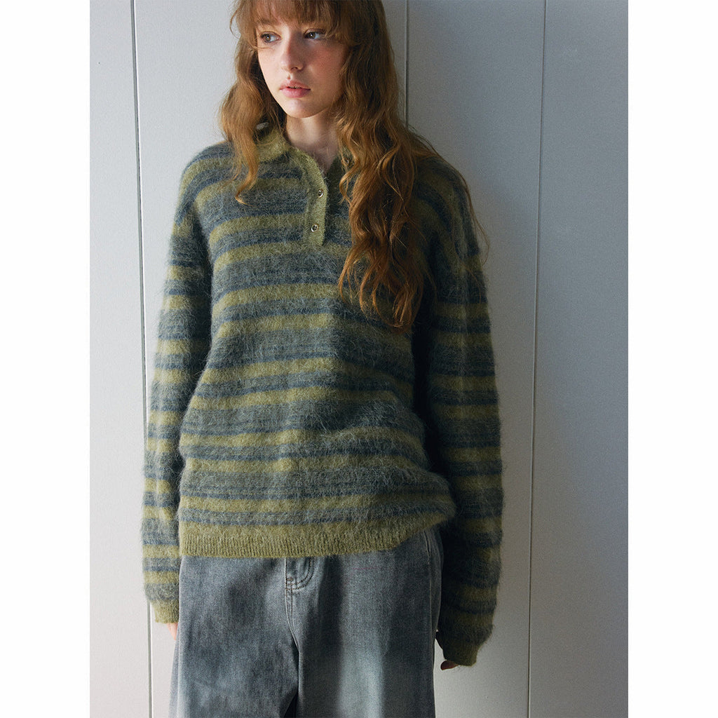 Autumn new casual polo collar high proportion alpaca hair versatile contrasting striped sweater