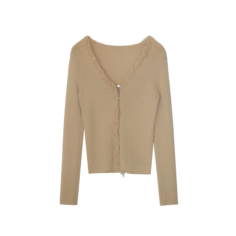 Early spring pure desire sweet hottie temperament long-sleeved fringed v-neck knitted sweater
