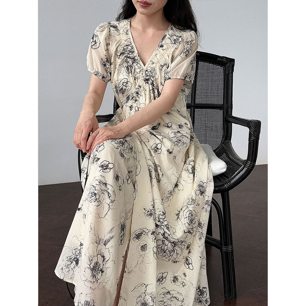 French classic ink painting floral one-piece dress, summer new high-end coffee break dress