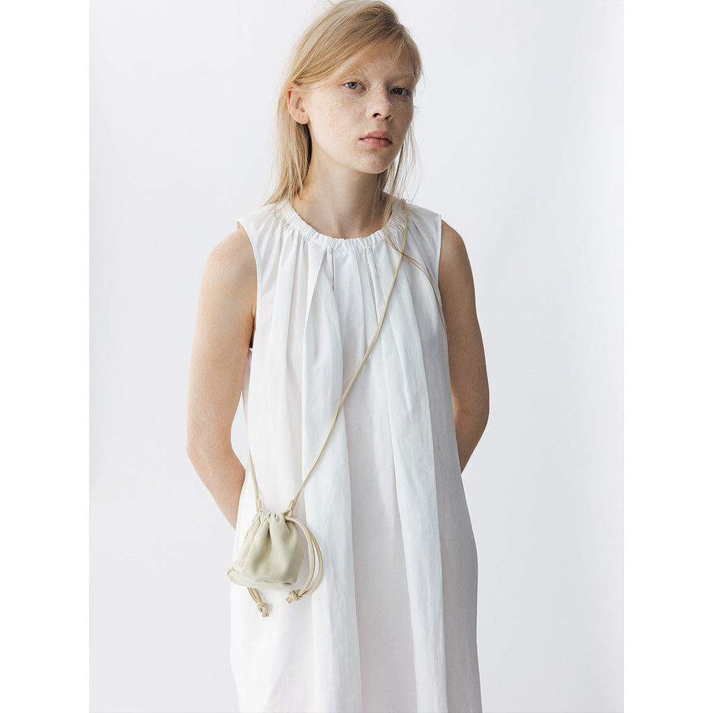 Summer new casual round neck tencel hemp pleated solid color medium and long vest skirt