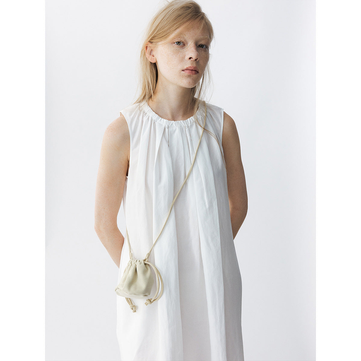 Summer new casual round neck tencel hemp pleated solid color medium and long vest skirt