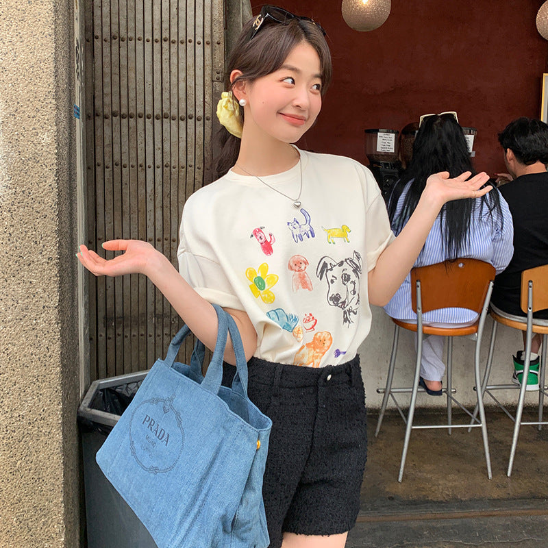 Casual Skinny Versatile ins Cartoon Printed Short Sleeve T-Shirt
