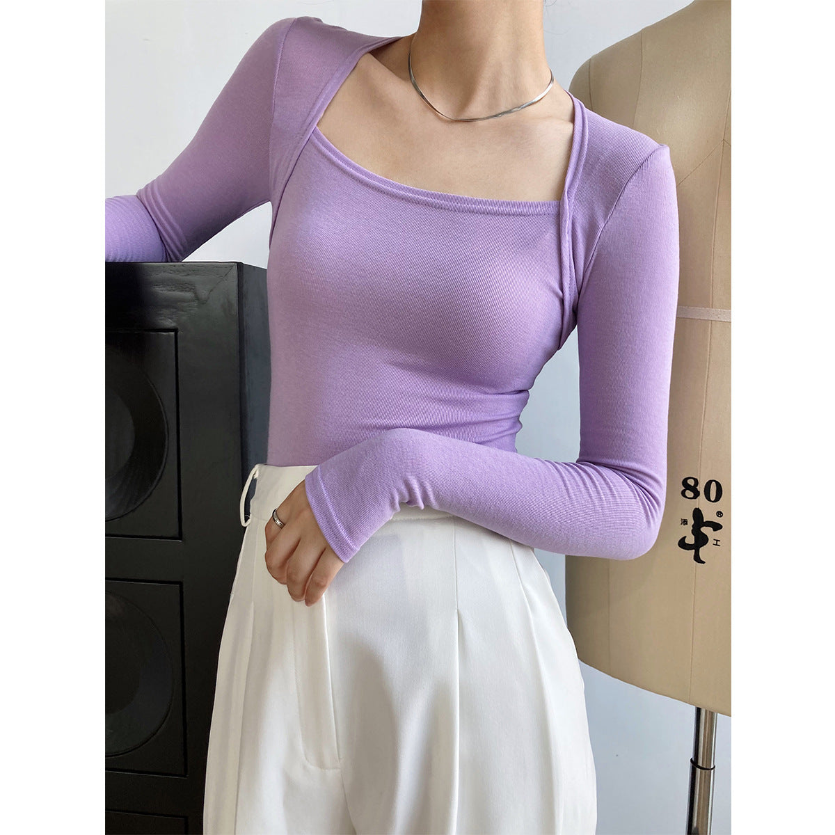 French pure desire long-sleeved square neck t-shirt women's slim and thin fake two-piece top autumn thin bottoming shirt