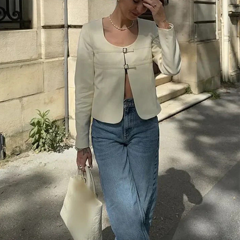 Niche long-sleeved top temperament solid color versatile short cardigan fashion autumn and winter coat women