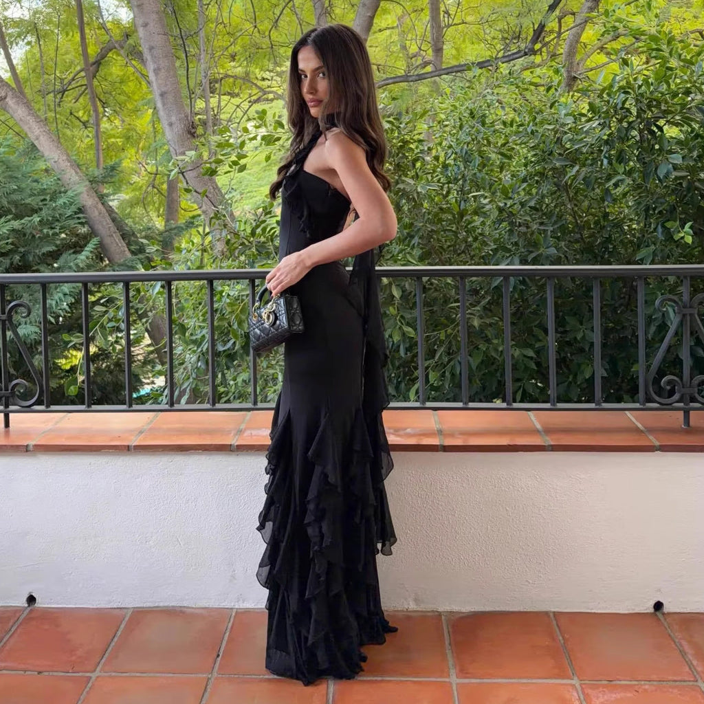 New ruffle leaf edge sexy halter neck hip skirt slim holiday style European and American dress