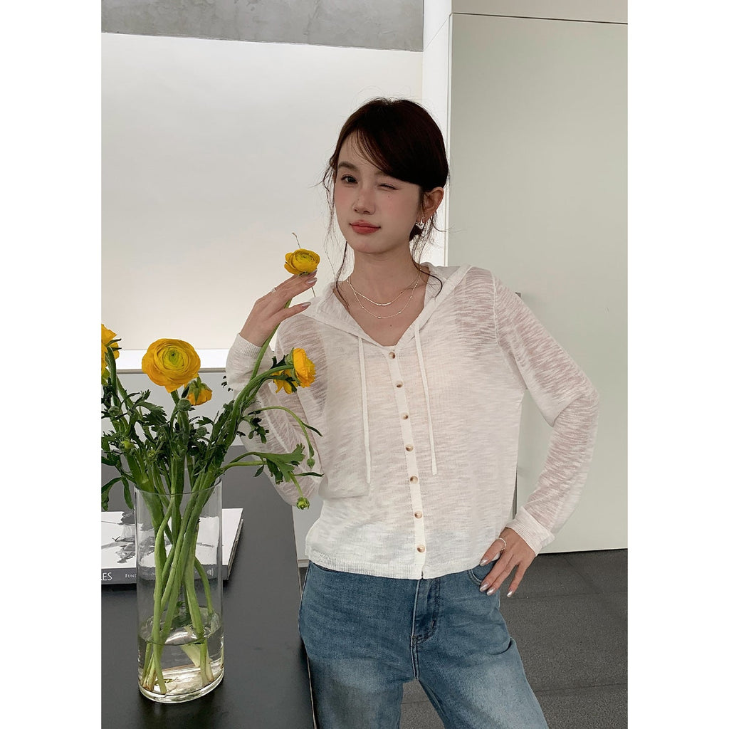 Hooded Fake Two-Piece Tencel Knit Pullover Sweater