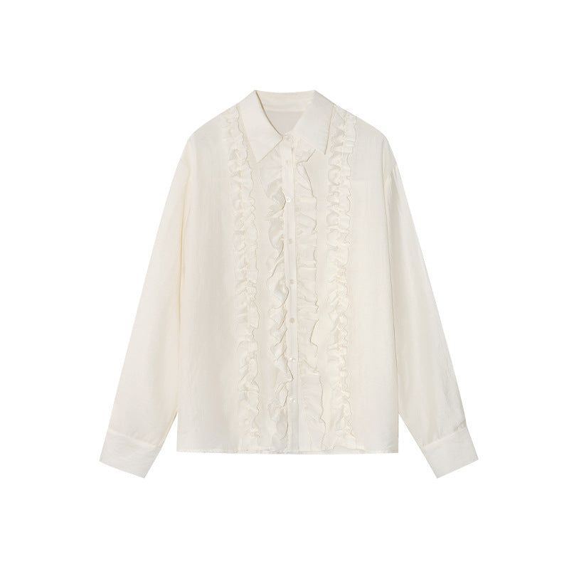 Heavy Industry Micro Transparent Splicing Long Sleeve Lapel Fungus Edge Shirt