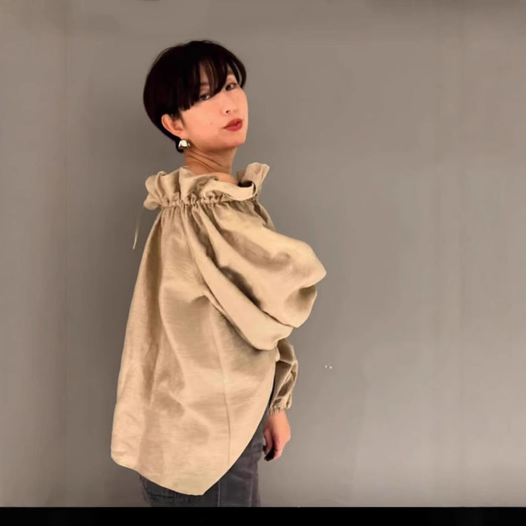 Spring and summer retro age-reducing lotus leaves, one-word shoulder collar, two tops, loose and thin casual semi-transparent shirts