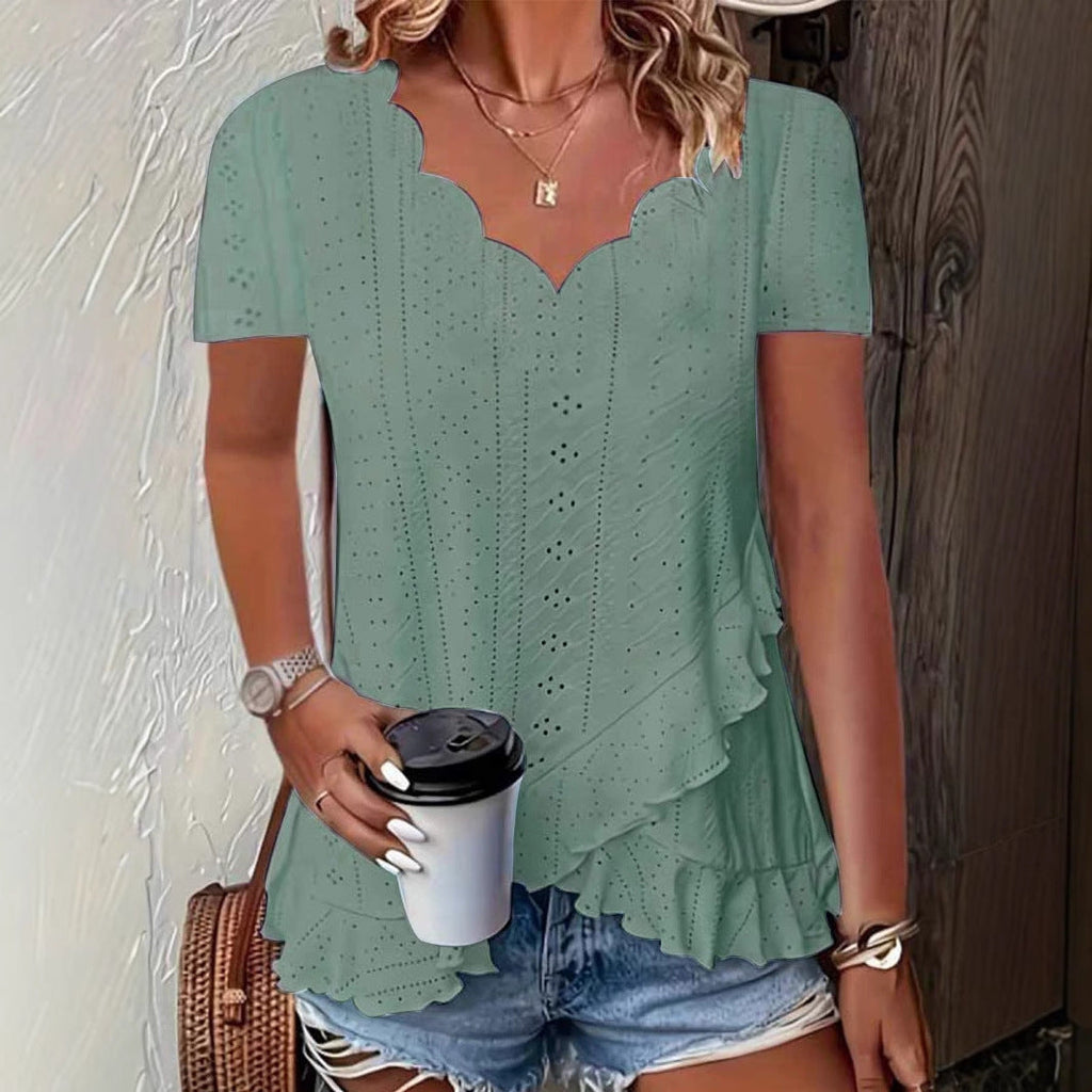 V-Neck Short Sleeve T-Shirt Women Oversized Hooded Scallop Hem Top