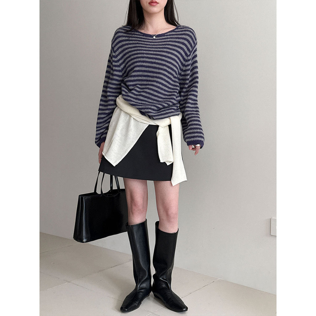 Casual wool retro striped lazy soft waxy knitted sweater women's spring new long-sleeved top