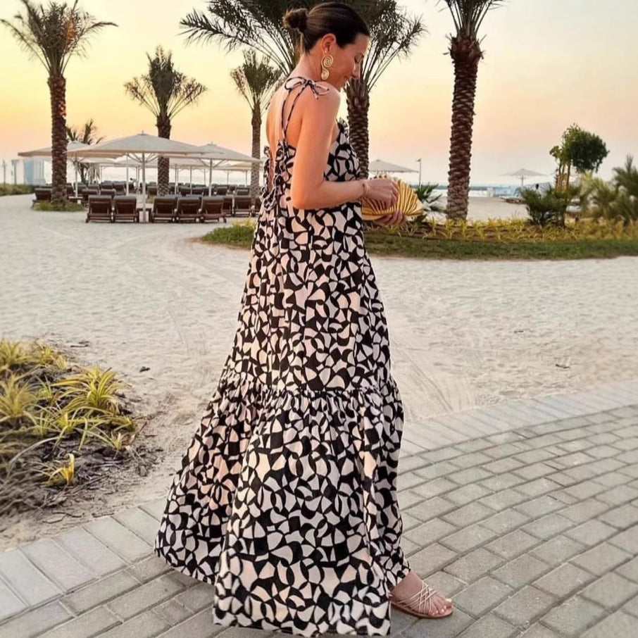 Women's Fashion Printed Long Dress Loose Halter Holiday Style Sexy Suspender Dress