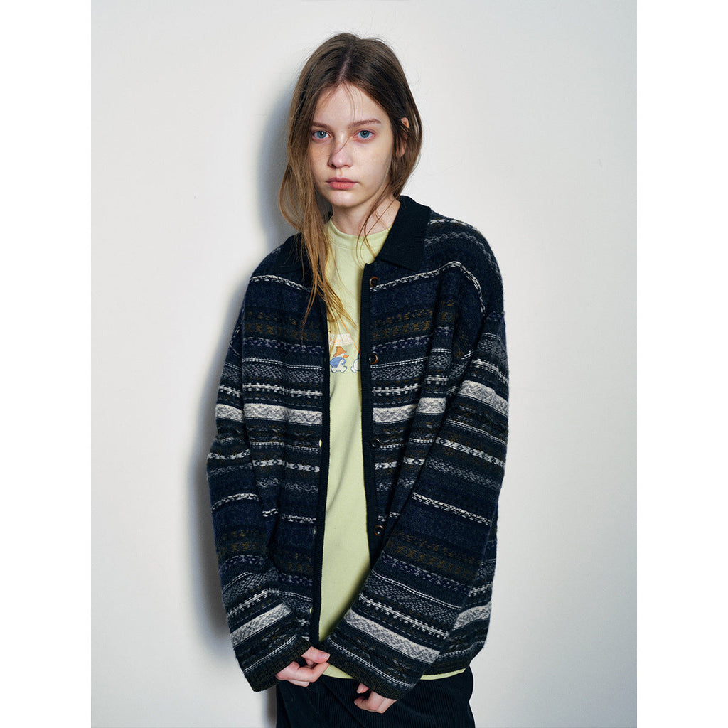 Winter new casual crew neck wool Fair Island floating line jacquard contrasting woolen cardigan