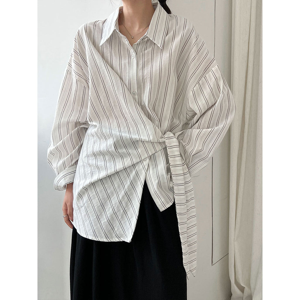 Niche texture striped strap waist shirt 25 autumn Korean irregular shirt