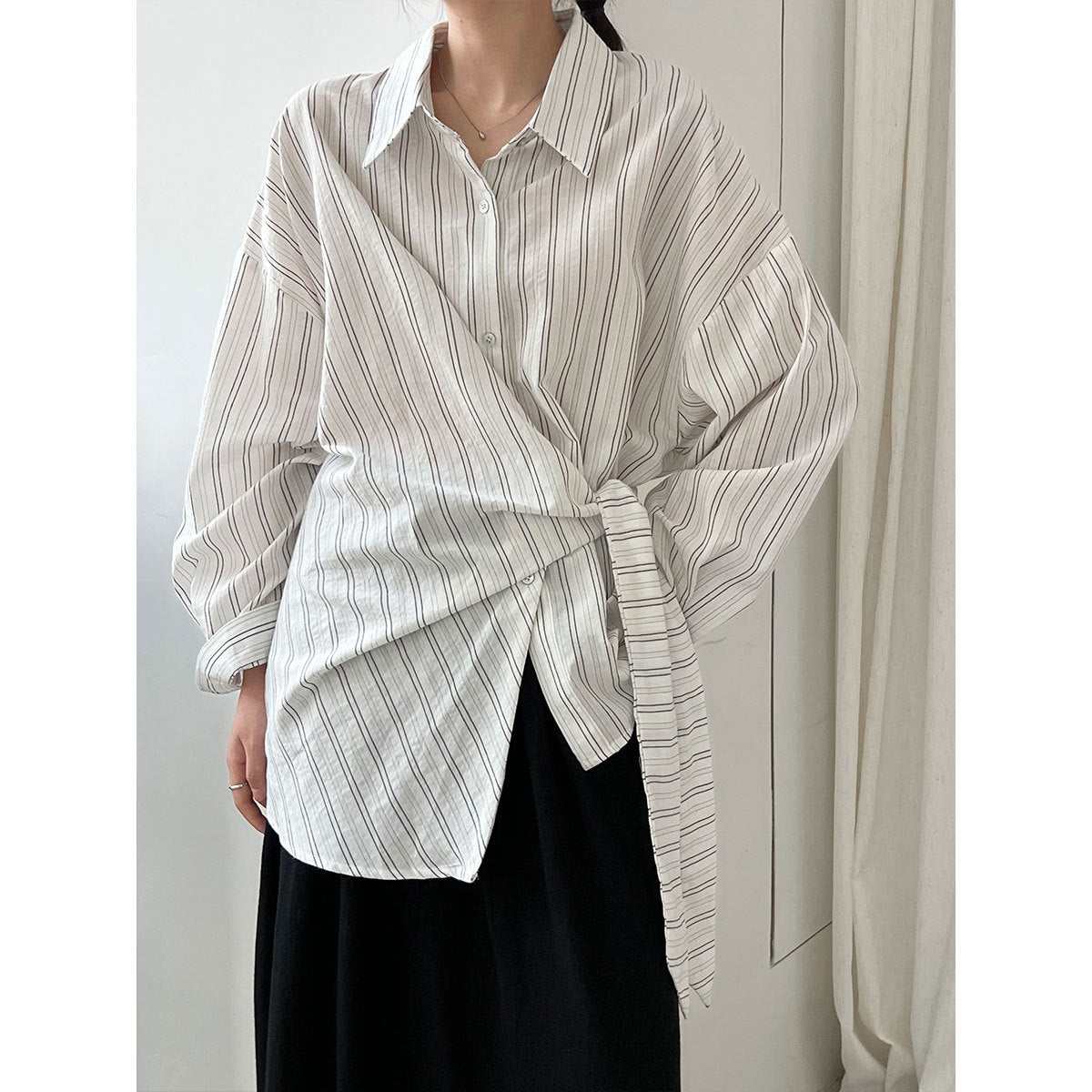Niche texture striped strap waist shirt 25 autumn Korean irregular shirt