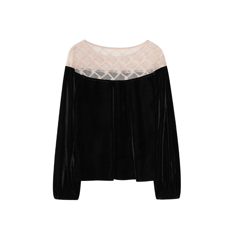 Women's Contrast Color Velvet Crew Neck Long Sleeve Pullover Top