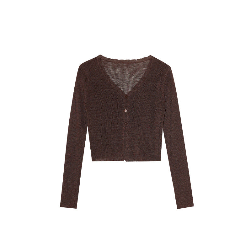 Thin knitted sweater commuter versatile single-breasted v-neck sunscreen shirt