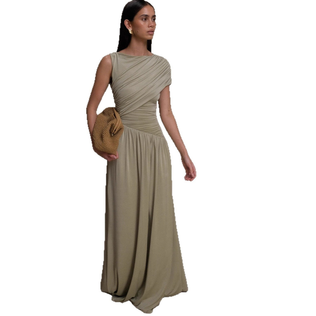 Fashion sexy pleated slanted shoulder vacation style vest skirt irregular waist dress