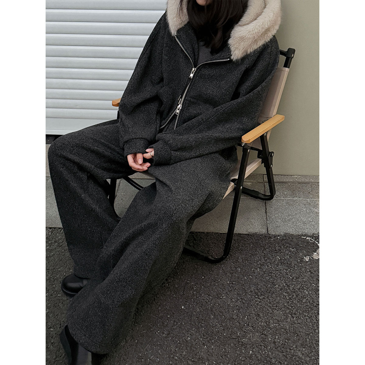 Slack, lazy, fur-collared sweatshirt, jacket, scimitar, wide-leg pants, women's winter wool fleece casual suit 2153