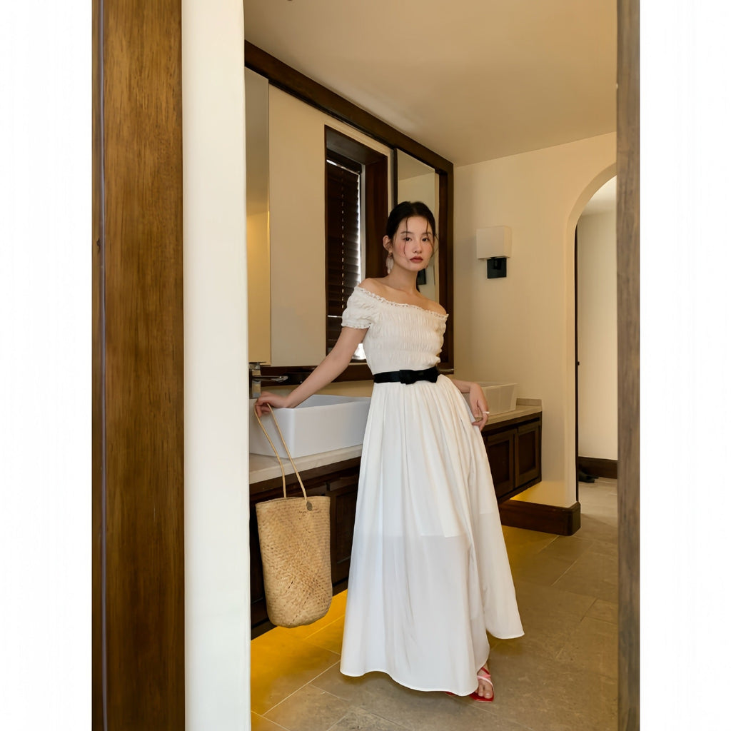 Women's Off-Shoulder Square Collar High-Waist Pleated A-Line Maxi Dress