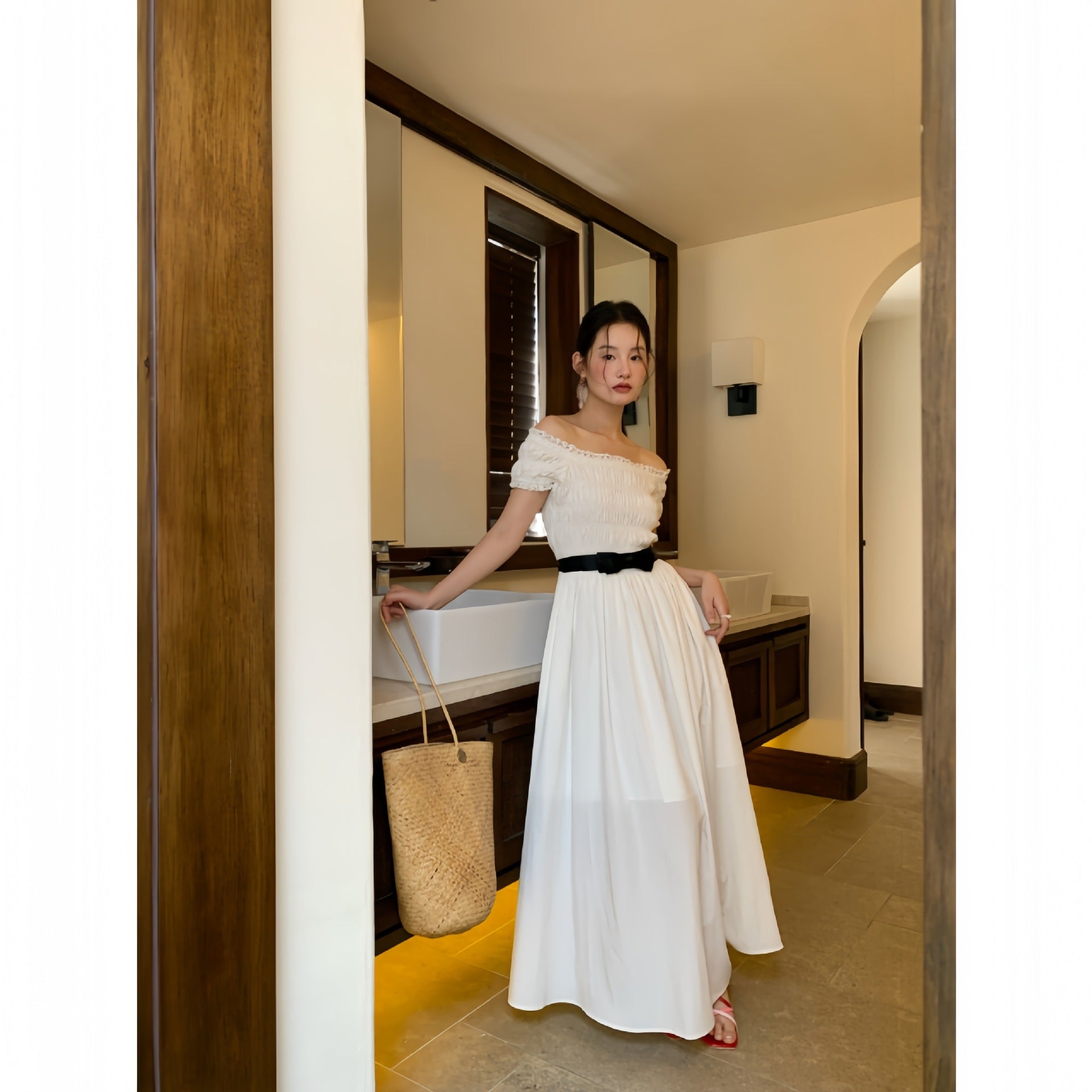 Women's Off-Shoulder Square Collar High-Waist Pleated A-Line Maxi Dress