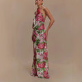 Sexy hanging cloth dress three-dimensional flower fashion off-the-shoulder long printed dress