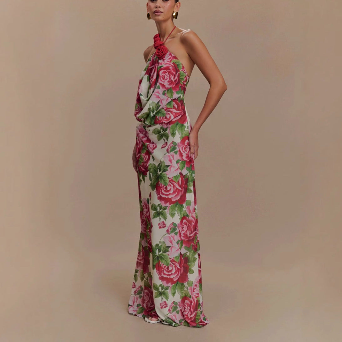 Sexy hanging cloth dress three-dimensional flower fashion off-the-shoulder long printed dress