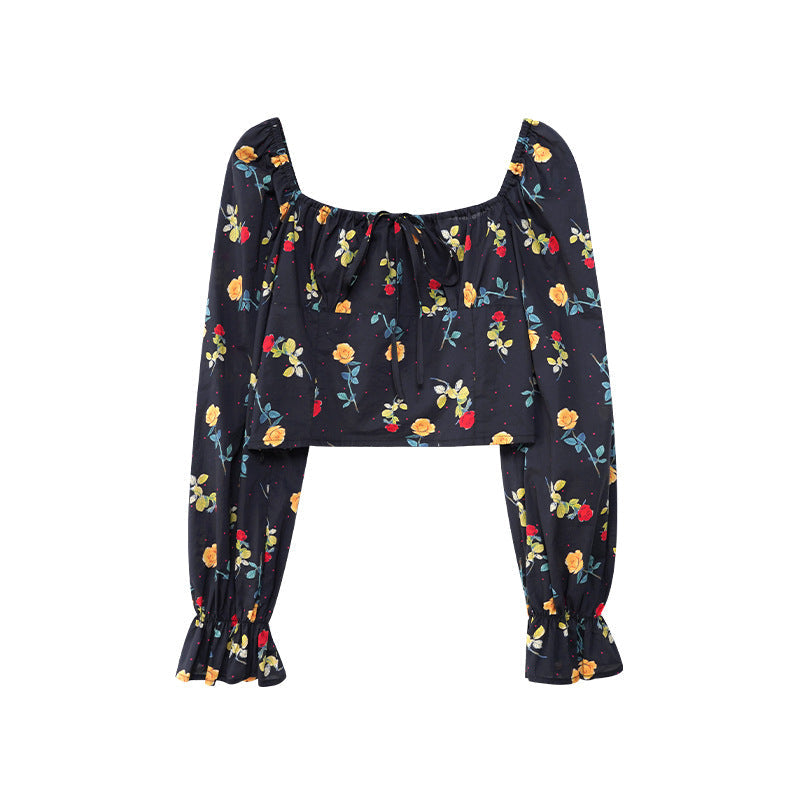 Fashion Slim Flared Sleeve Floral Short Top