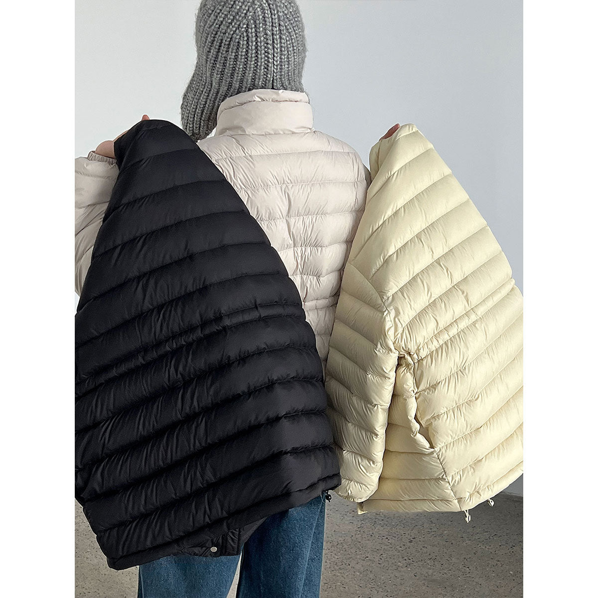 Drawstring waist slimming 90 white duck down cropped jacket