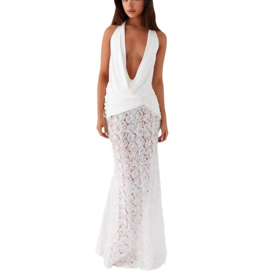 New fashionable and sexy backless European and American dress ins style three-dimensional flower suspender long dress dress