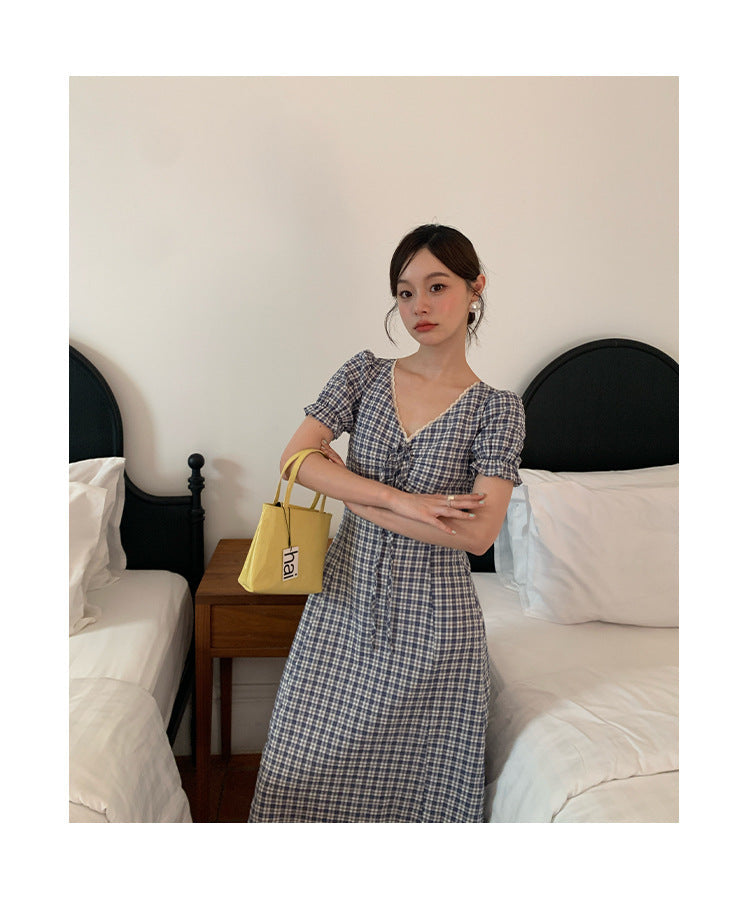 Gentle plaid v-neck high-waisted slim dress