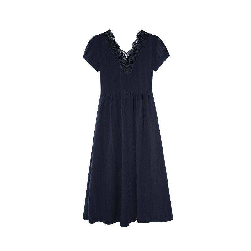 Pure and sweet bubble sleeve waist lace v-neck dress