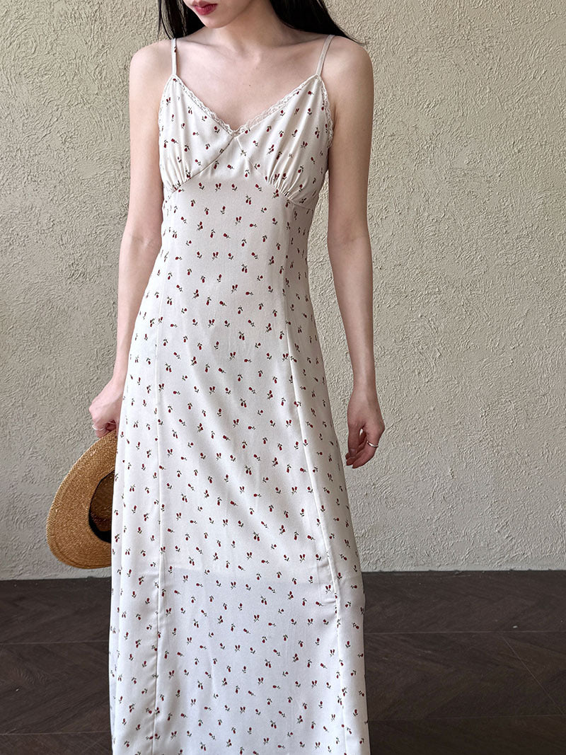French temperament floral v-neck suspender skirt women's spring new slim-fitting and thin vest dress