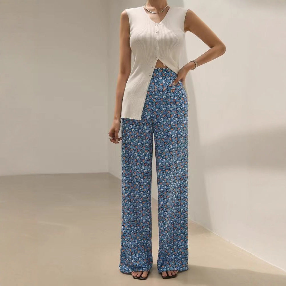 Spring and Autumn Women's Simple Versatile Printed High Elastic Casual Pants