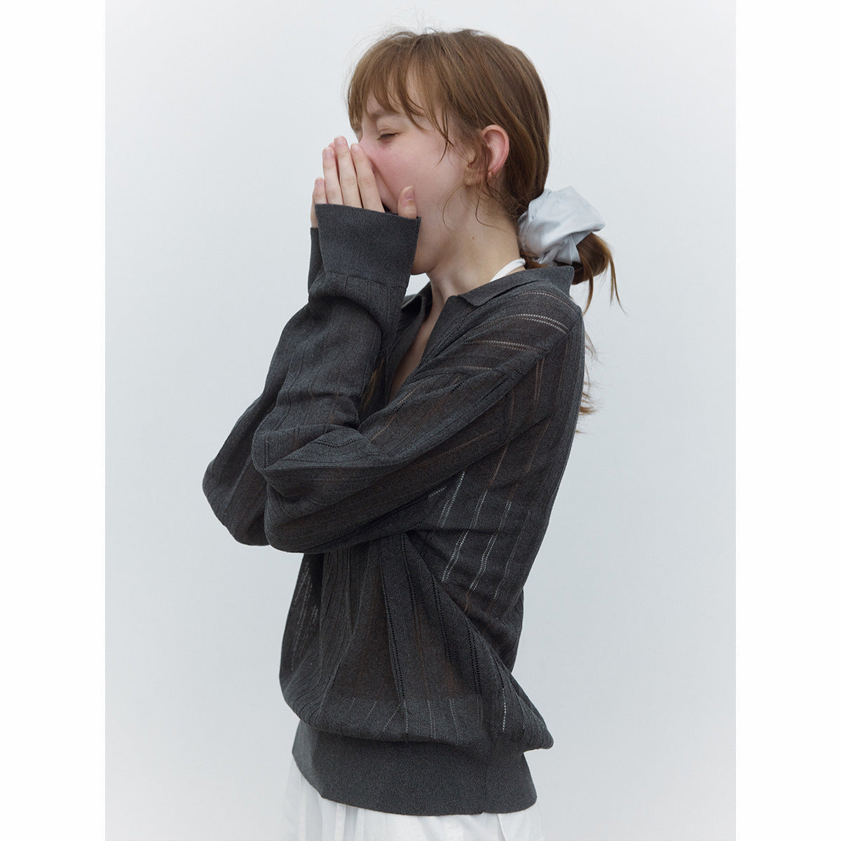 Autumn new casual cool hemp silk hole-picking polo collar thin micro-transparent knitted jumper