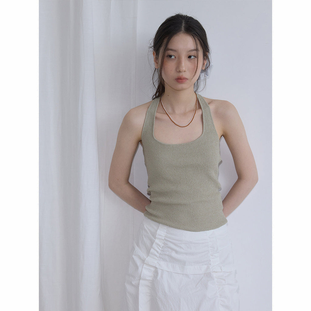 Summer new casual circle cotton yarn simple pit strip solid color neck wool woven small vest