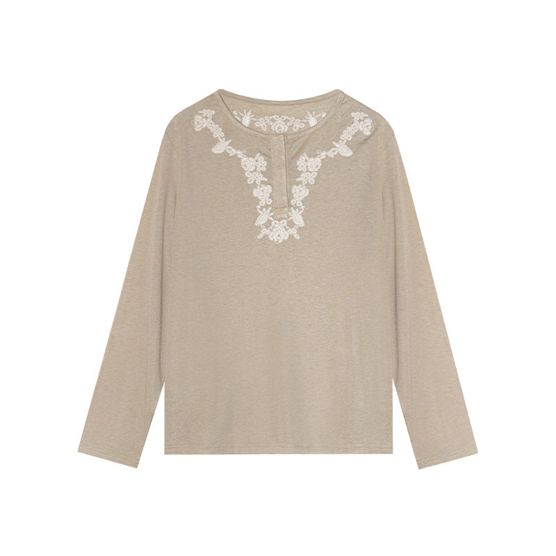 Loose Tencel Lyocell Embroidered Crew Neck Bottom Shirt