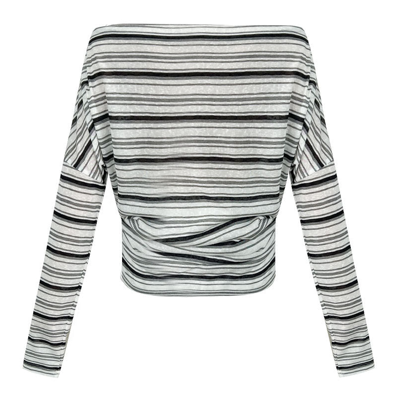Light and thin sunscreen long-sleeved T-shirt for women~ Korean summer waist and thin one-word collar slanted shoulder striped top