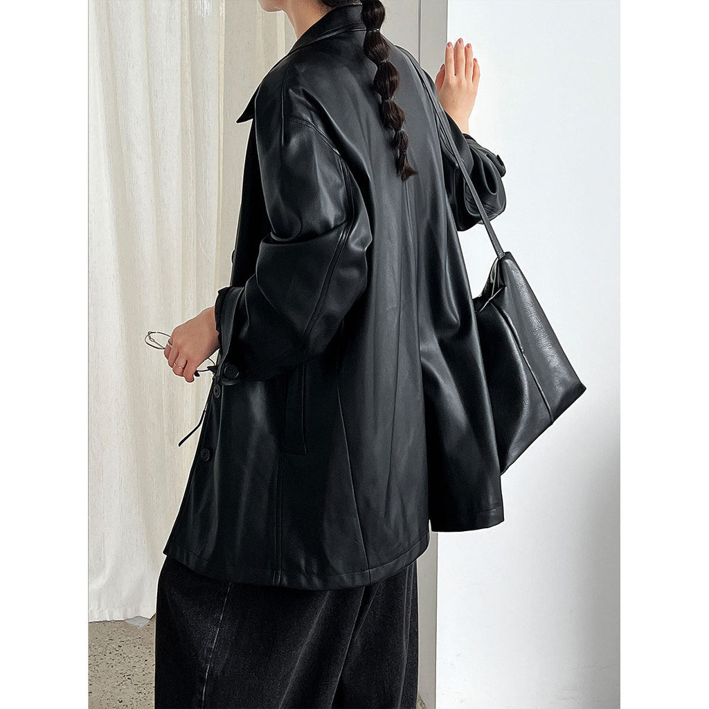Korean retro high-end black medium and long leather jacket women's autumn new soft waxy leather