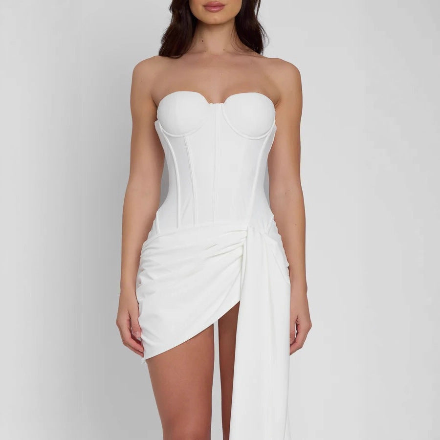 Sexy backless solid color streamer fishbone dress