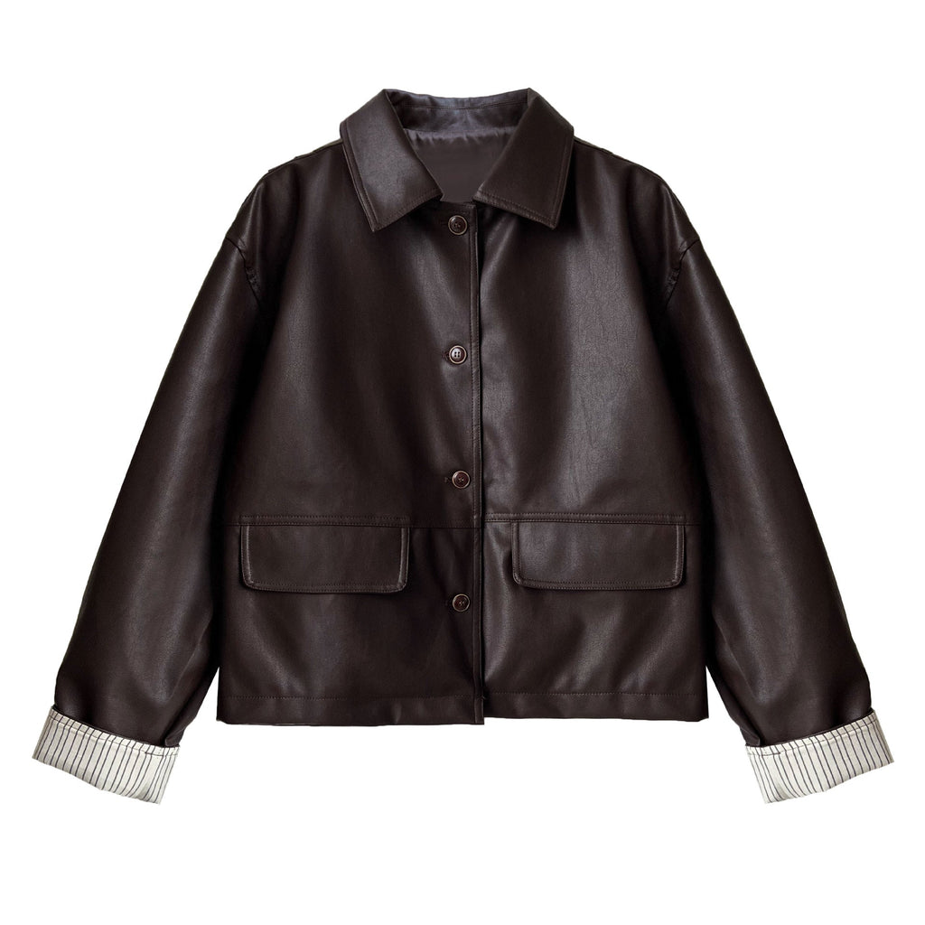 Retro PU leather jacket women's design contrast autumn new high-end sense motorcycle clip overcome
