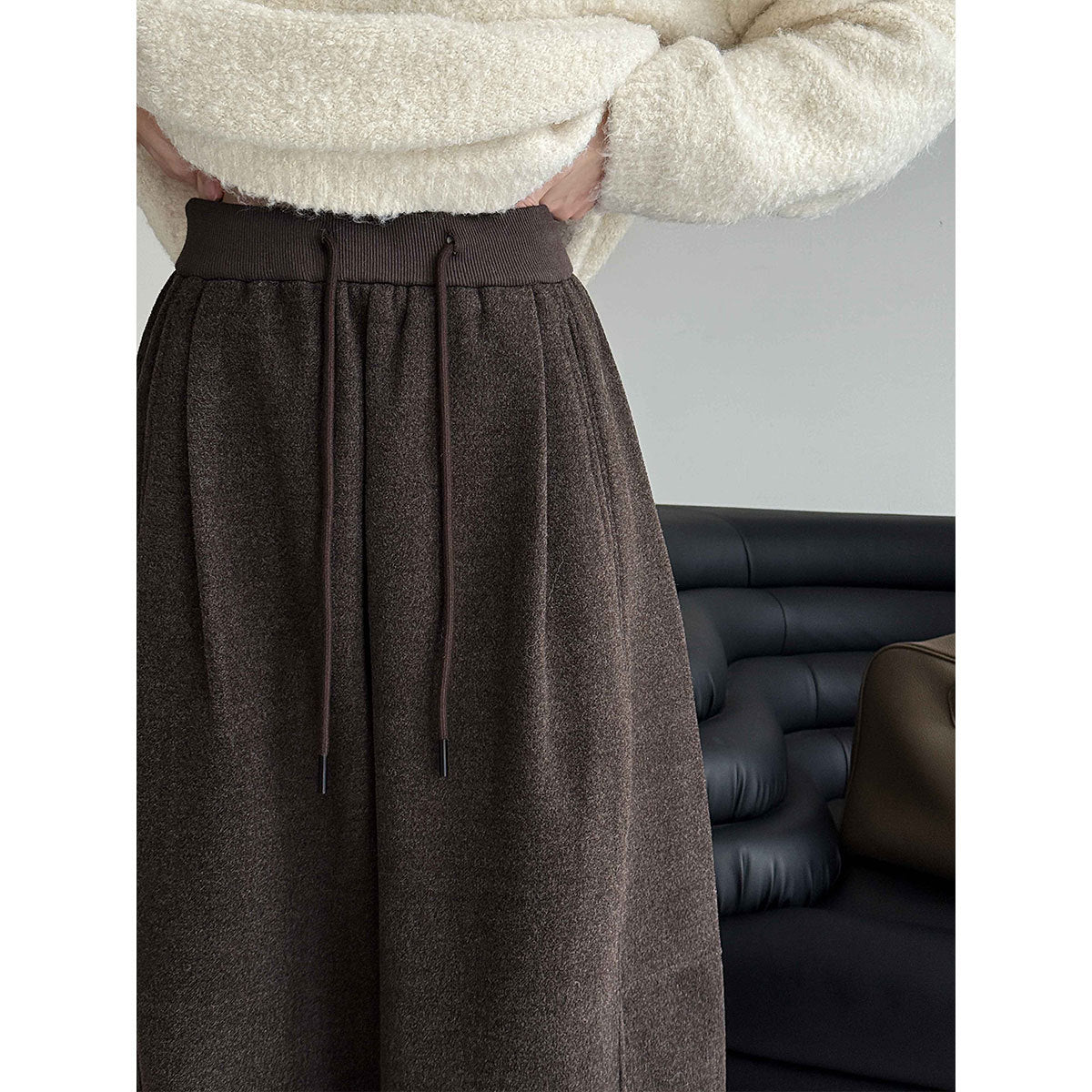 Elastic waist woolen slacks women's autumn and winter new loose wide-leg pants versatile straight cropped pants