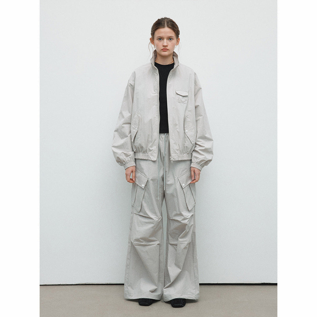 Spring new casual high-waisted lace-up solid color outdoor cotton brocade large paper bag paratrooper trousers