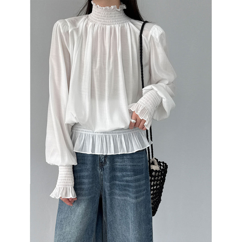 French pleated shirt spring court style petal sleeve bubble sleeve gentle shirt top