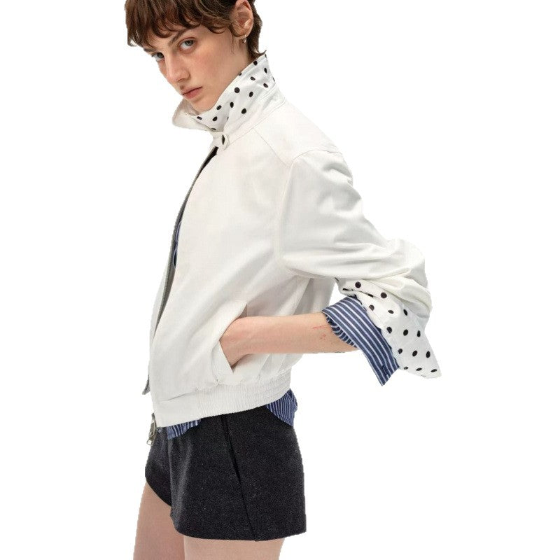 Autumn and winter new Lyocell retro collar contrasting color splicing polka dots crisp slim temperament jacket shirt women