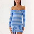 Autumn and winter striped long-sleeved knitted hip-wrapped short skirt slim-fitting sexy one-word shoulder dress